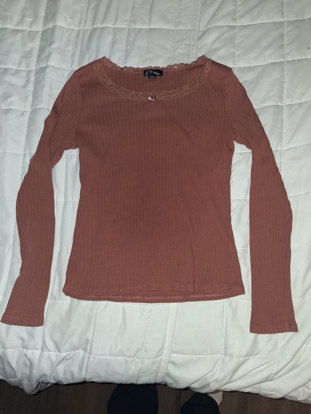 art class Ribbed Lace-Trim Long Sleeve Top - Mauve